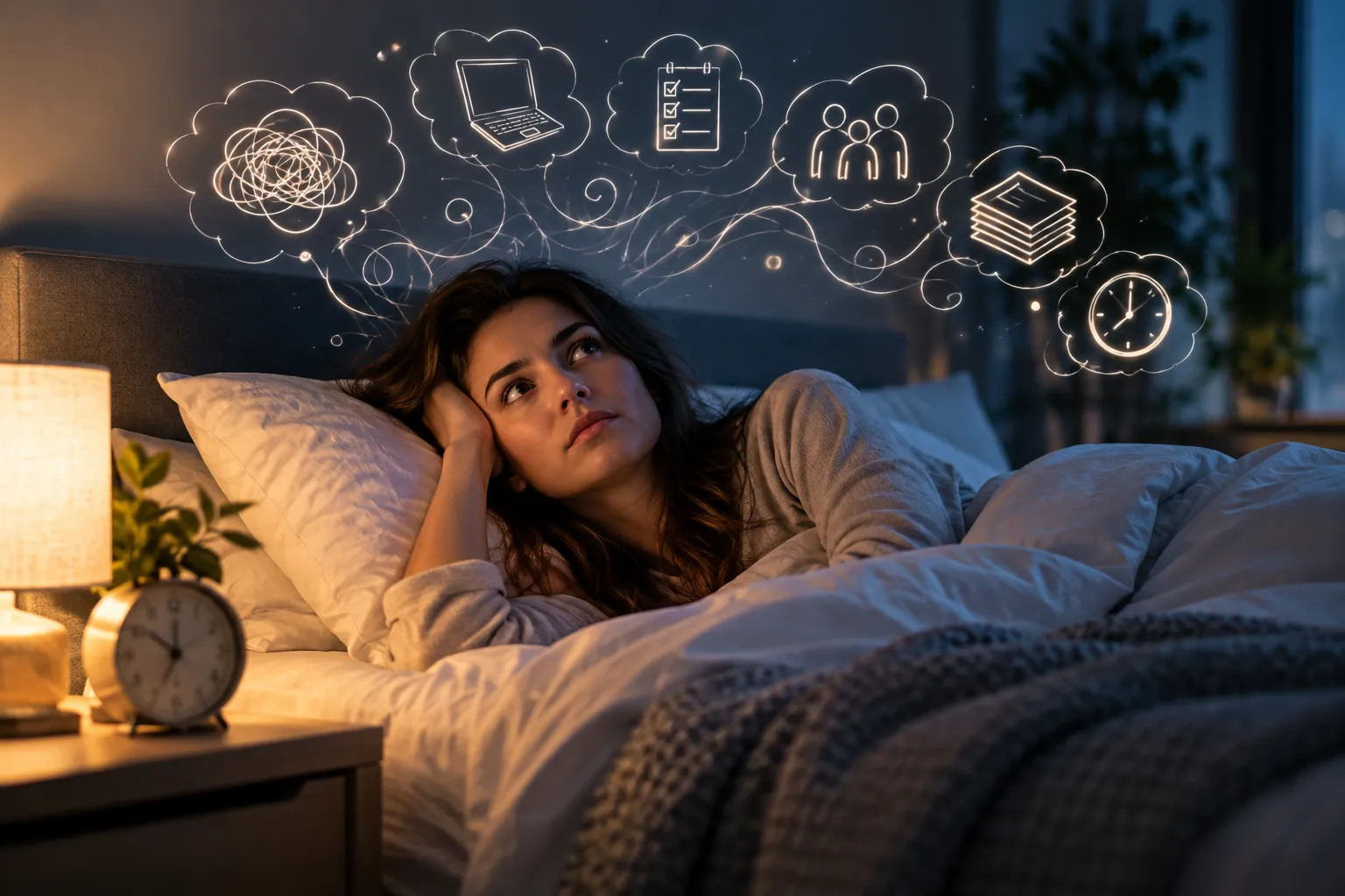 Woman lying awake in bed at night with thought bubbles about work, tasks, family and time