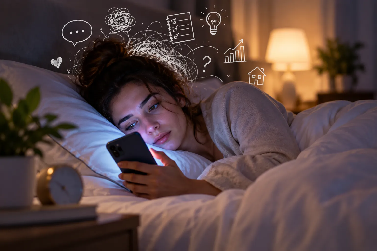 Woman in bed at night looking at her phone with doodles of worries and to-do lists around her head